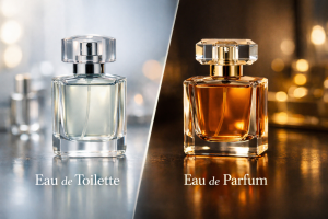 Frascos de perfume elegantes sobre tocador de lujo