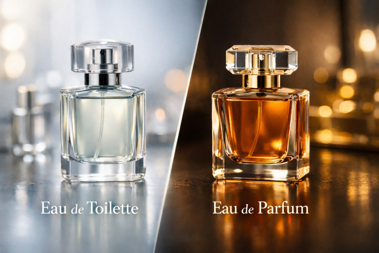 Frascos de perfume elegantes sobre tocador de lujo