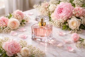 Frasco de perfume floral en composición editorial elegante con flores frescas