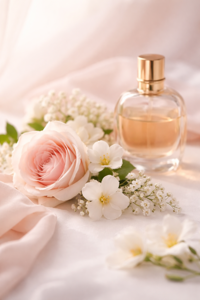 Composición editorial premium que representa el corazón de una fragancia