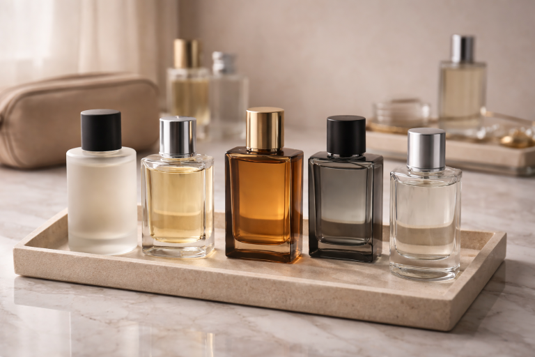 Colección de perfumes de lujo organizada sobre una repisa elegante