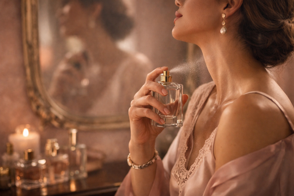 Mujer aplicando perfume de forma elegante en puntos de pulso