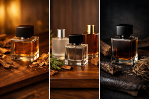Frasco de perfume elegante rodeado de maderas nobles y luz cálida