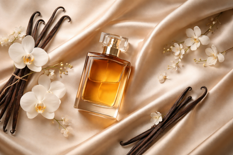 Frasco de perfume elegante rodeado de vainas de vainilla sobre superficie de mármol