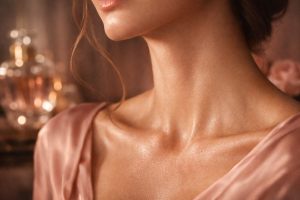 Mujer elegante percibiendo la evolución del perfume sobre su piel en un entorno beauty luxury